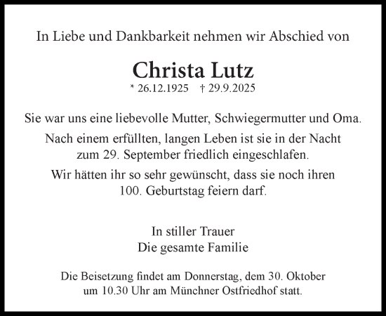 Traueranzeige von Christa Lutz von Süddeutsche Zeitung