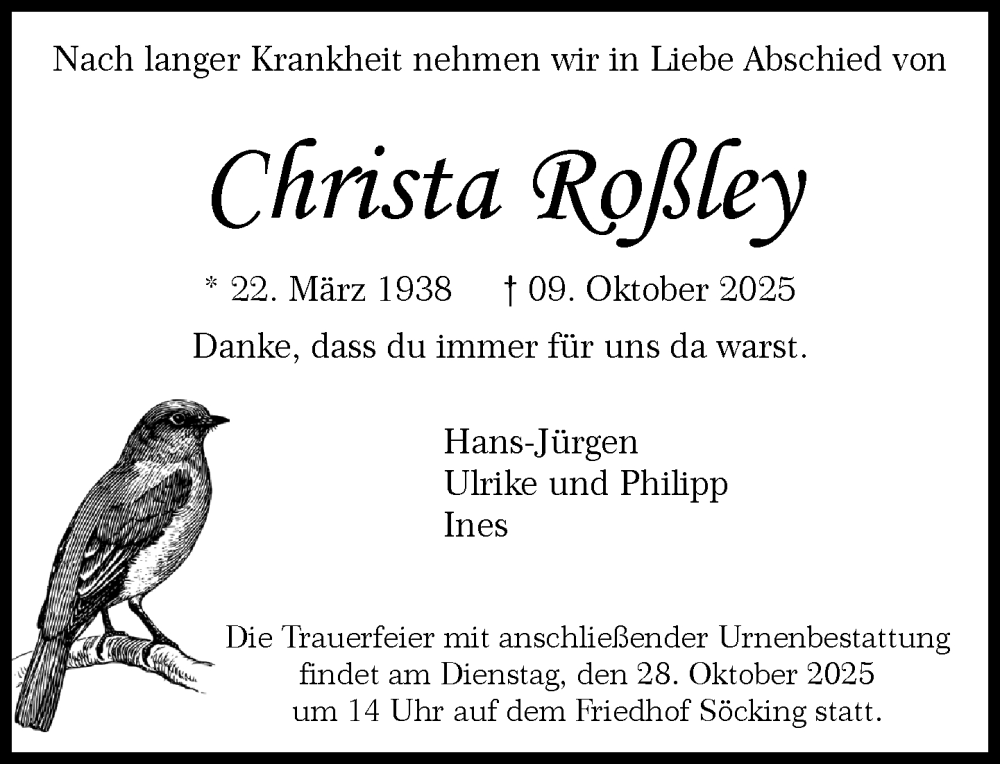  Traueranzeige für Christa Roßley vom 21.10.2025 aus Süddeutsche Zeitung