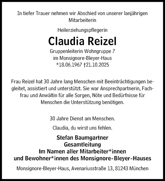 Traueranzeige von Claudia Reizel von Süddeutsche Zeitung