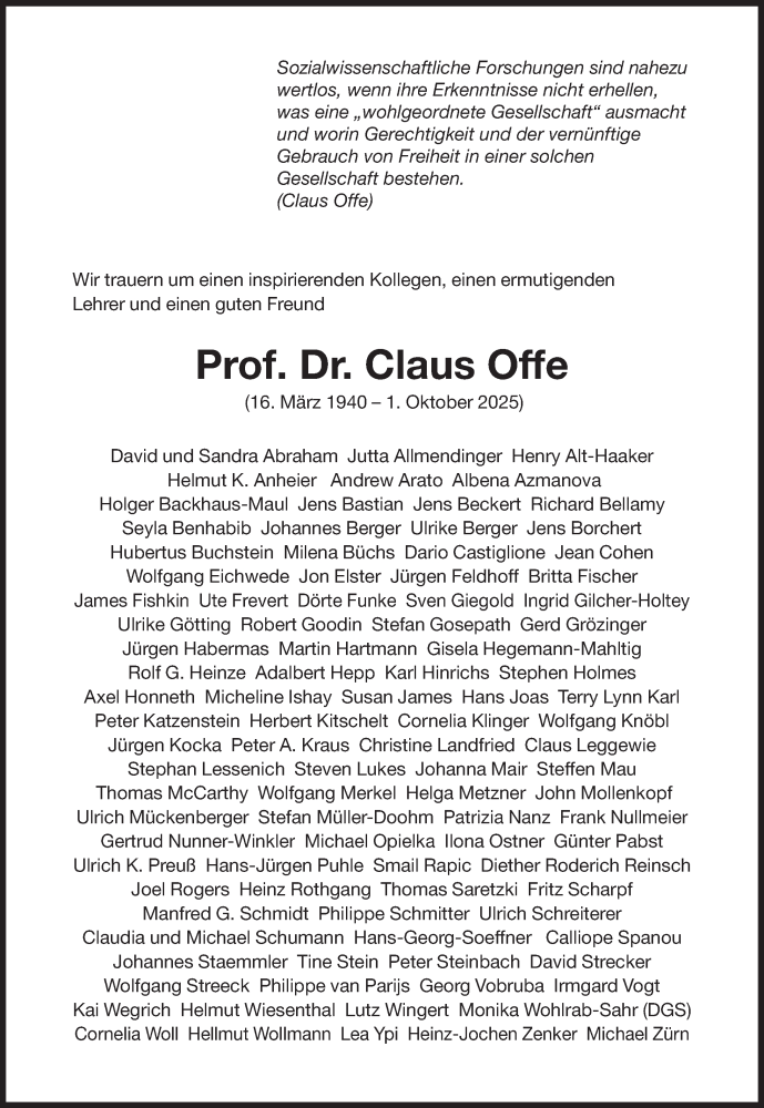  Traueranzeige für Claus Offe vom 18.10.2025 aus Süddeutsche Zeitung