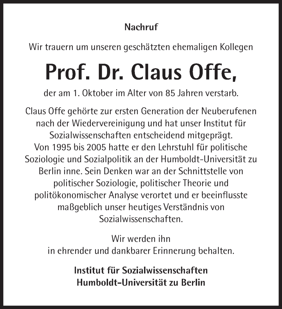  Traueranzeige für Claus Offe vom 18.10.2025 aus Süddeutsche Zeitung
