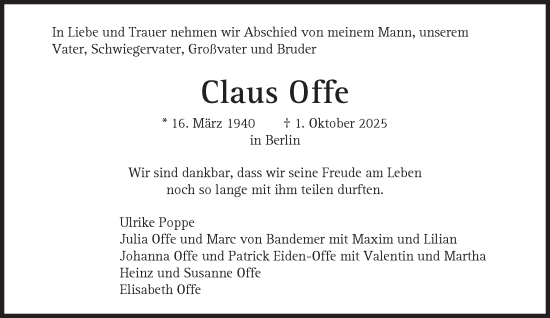 Traueranzeige von Claus Offe von Süddeutsche Zeitung