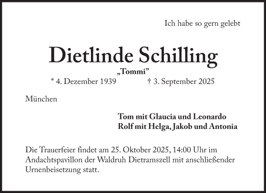 Traueranzeige von Dietlinde Schilling von Süddeutsche Zeitung