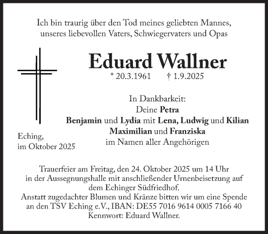 Traueranzeige von Eduard Wallner von Süddeutsche Zeitung
