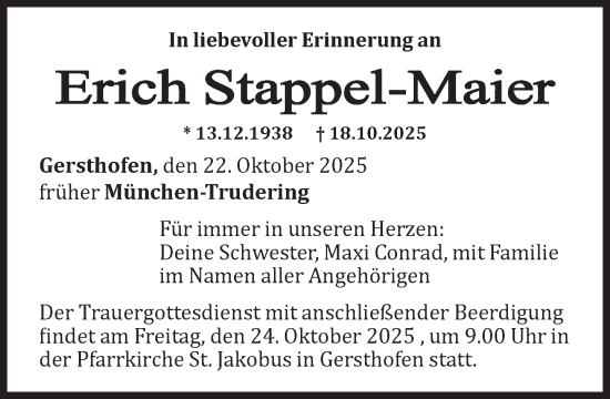 Traueranzeige von Erich Stappel-Maier von Süddeutsche Zeitung