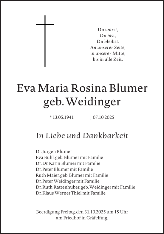 Traueranzeige von Eva Maria Rosina Blumer von Süddeutsche Zeitung