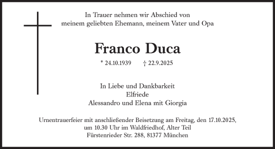 Traueranzeige von Franco Duca von Süddeutsche Zeitung
