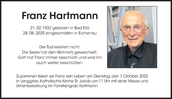 Traueranzeige von Franz Hartmann von Süddeutsche Zeitung