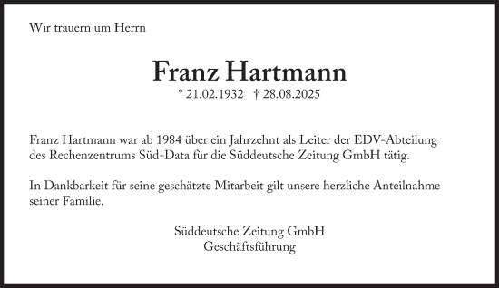 Traueranzeige von Franz Hartmann von Süddeutsche Zeitung