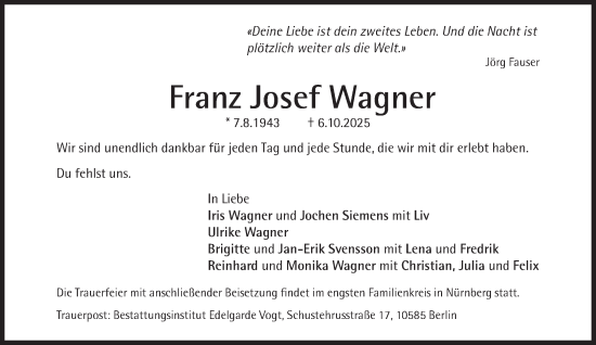 Traueranzeige von Franz Josef Wagner von Süddeutsche Zeitung