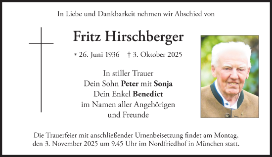 Traueranzeige von Fritz Hirschberger von Süddeutsche Zeitung