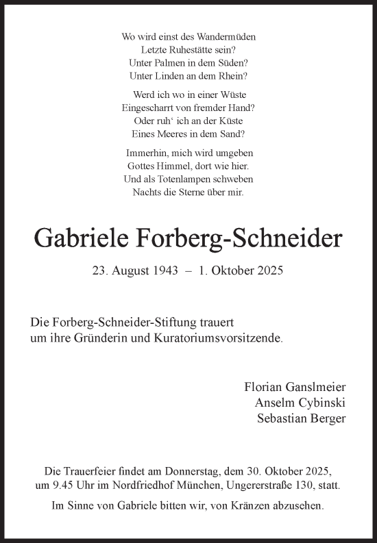 Traueranzeige von Gabriele Forberg-Schneider von Süddeutsche Zeitung