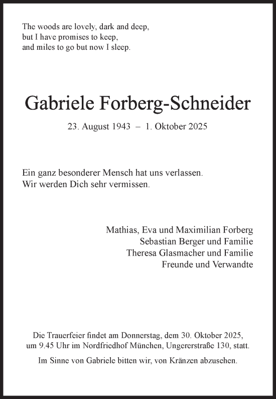 Traueranzeige von Gabriele Forberg-Schneider von Süddeutsche Zeitung