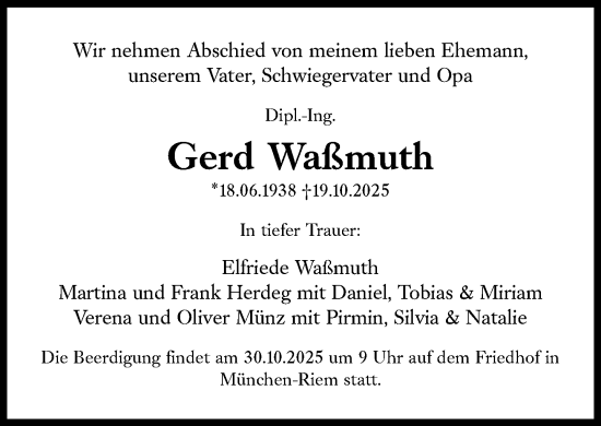 Traueranzeige von Gerd Waßmuth von Süddeutsche Zeitung