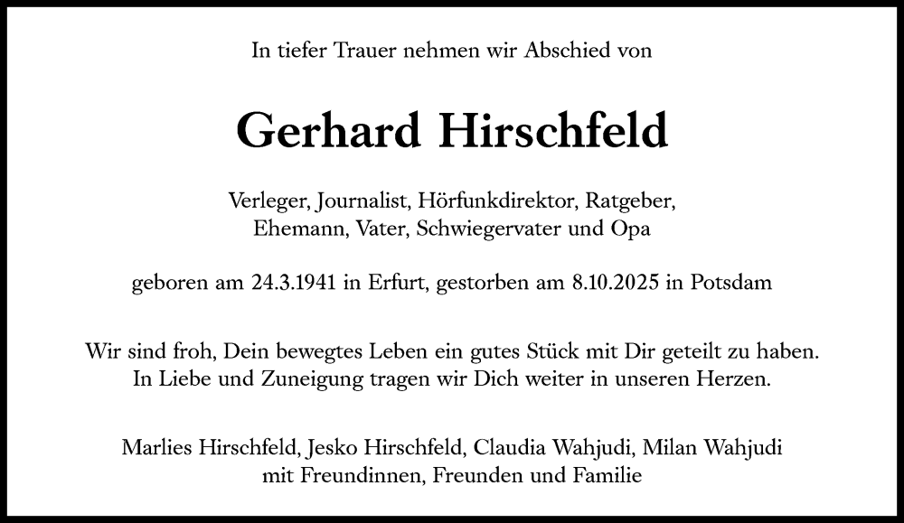  Traueranzeige für Gerhard Hirschfeld vom 18.10.2025 aus Süddeutsche Zeitung