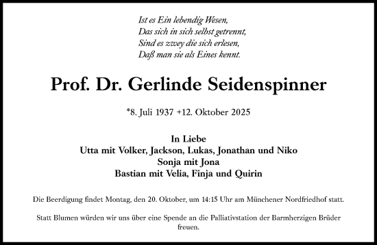 Traueranzeige von Gerlinde Seidenspinner von Süddeutsche Zeitung