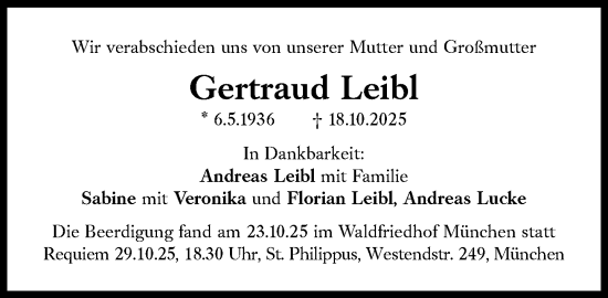 Traueranzeige von Gertraud Leibl von Süddeutsche Zeitung