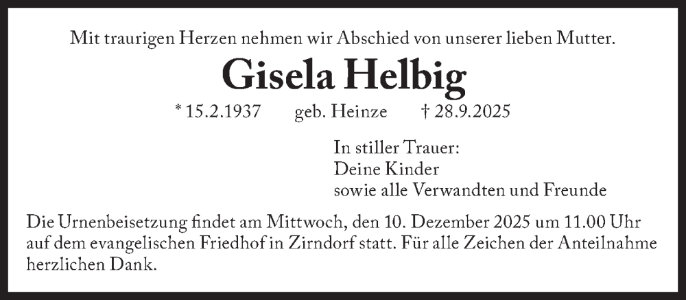  Traueranzeige für Gisela Helbig vom 18.10.2025 aus Süddeutsche Zeitung