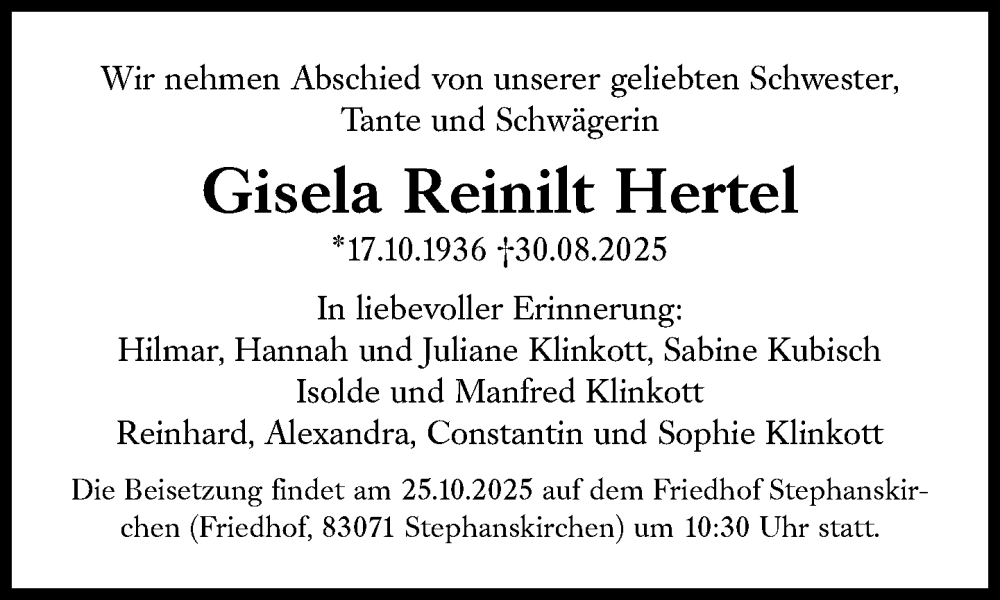  Traueranzeige für Gisela Reinilt Hertel vom 21.10.2025 aus Süddeutsche Zeitung