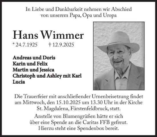 Traueranzeige von Hans Wimmer von Süddeutsche Zeitung