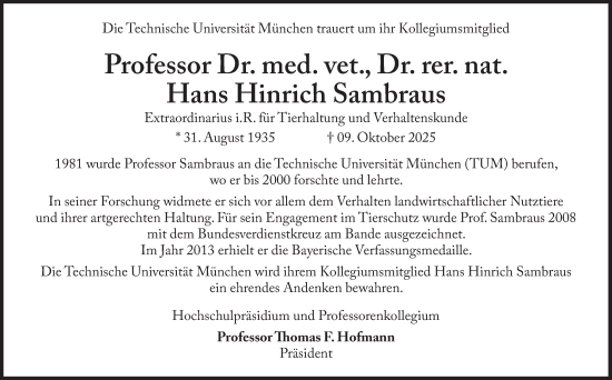 Traueranzeige von Hans Hinrich Sambraus von Süddeutsche Zeitung