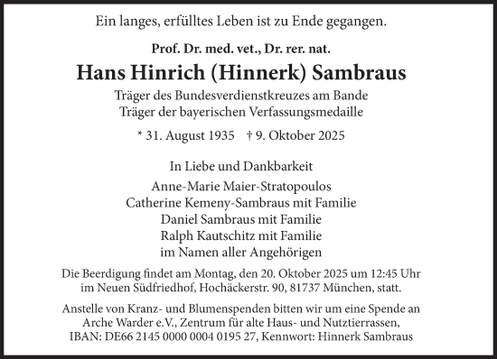 Traueranzeige von Hans Hinrich Sambraus von Süddeutsche Zeitung