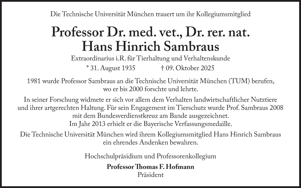  Traueranzeige für Hans Hinrich Sambraus vom 18.10.2025 aus Süddeutsche Zeitung