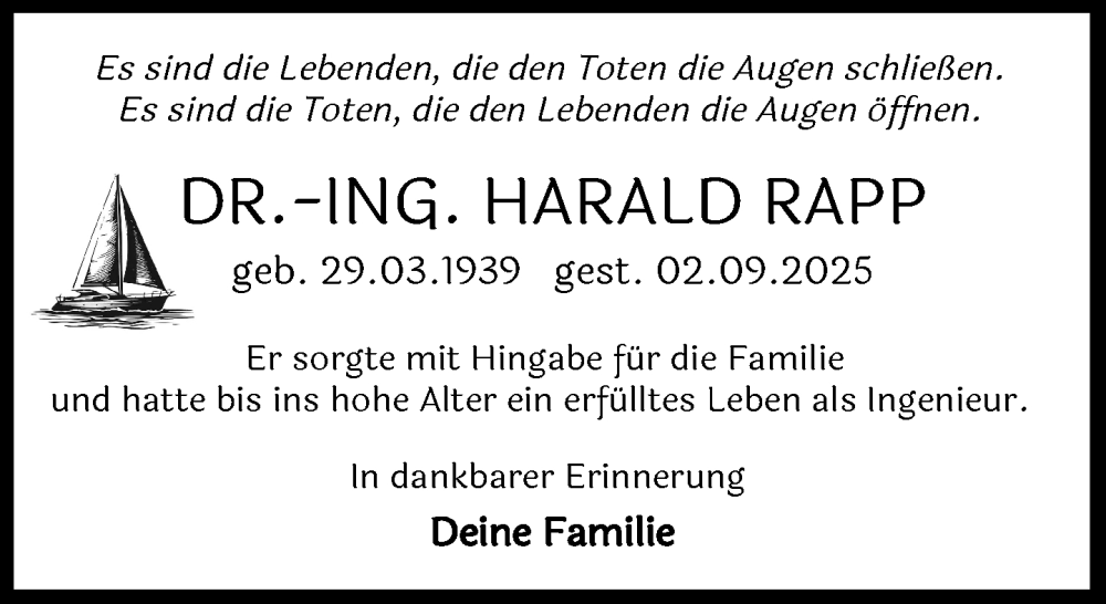  Traueranzeige für Harald Rapp vom 04.10.2025 aus Süddeutsche Zeitung