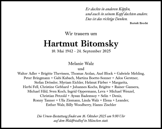 Traueranzeige von Hartmut Bitomsky von Süddeutsche Zeitung
