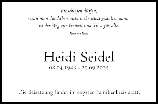 Traueranzeige von Heidi Seidel von Süddeutsche Zeitung