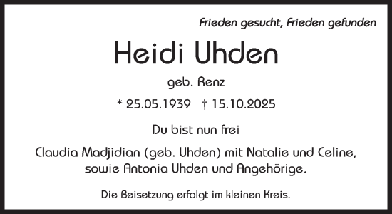 Traueranzeige von Heidi Uhden von Süddeutsche Zeitung