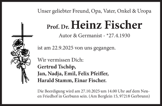 Traueranzeige von Heinz Fischer von Süddeutsche Zeitung