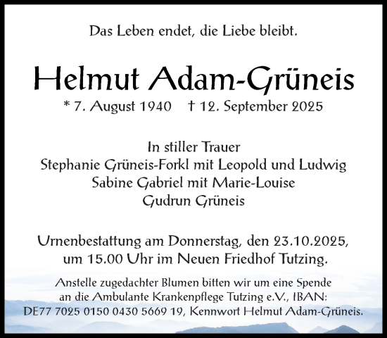 Traueranzeige von Helmut Grüneis von Süddeutsche Zeitung