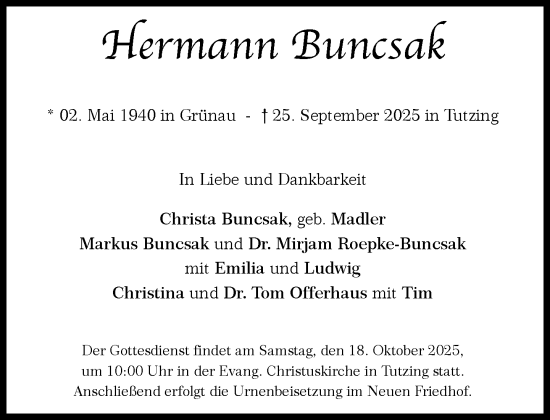 Traueranzeige von Hermann Buncsak von Süddeutsche Zeitung