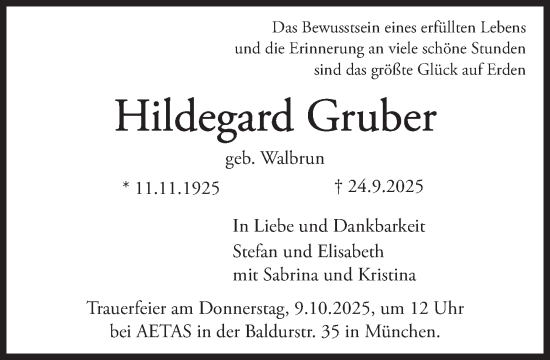 Traueranzeige von Hildegard Gruber von Süddeutsche Zeitung
