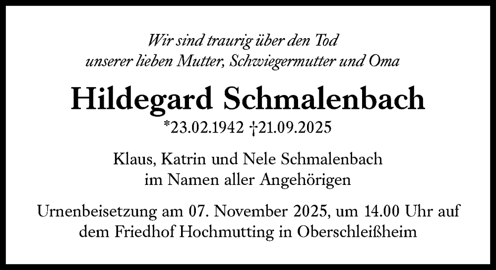  Traueranzeige für Hildegard Schmalenbach vom 23.10.2025 aus Süddeutsche Zeitung