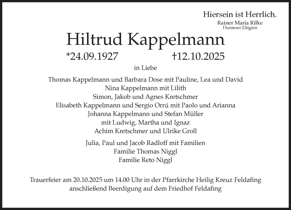 Traueranzeige für Hiltrud Kappelmann vom 18.10.2025 aus Süddeutsche Zeitung
