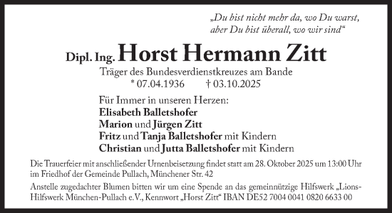 Traueranzeige von Horst Hermann Zitt von Süddeutsche Zeitung