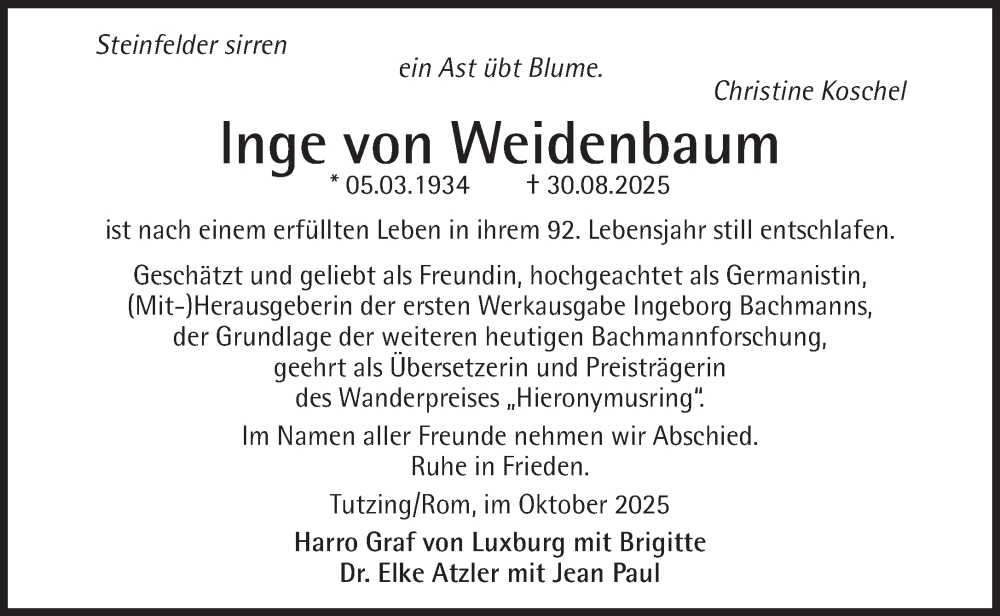  Traueranzeige für Inge  von Weidenbaum vom 11.10.2025 aus Süddeutsche Zeitung
