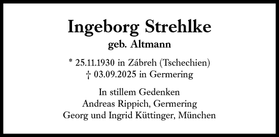 Traueranzeige von Ingeborg Strehlke von Süddeutsche Zeitung