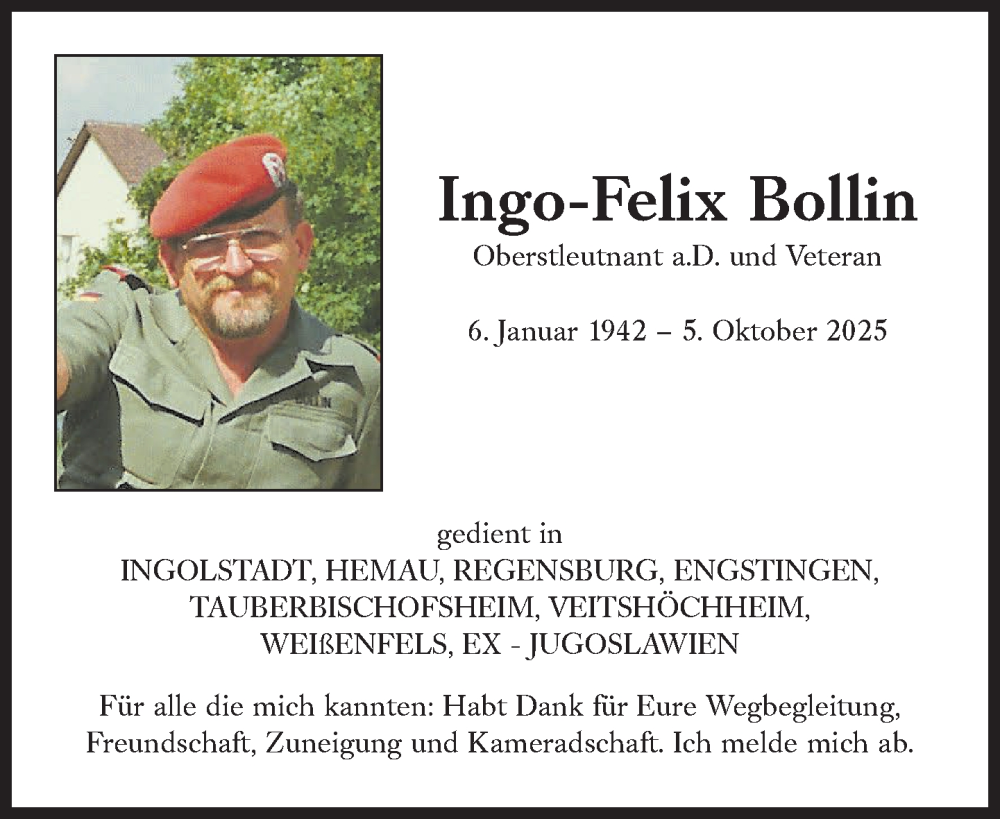  Traueranzeige für Ingo-Felix Bollin vom 11.10.2025 aus Süddeutsche Zeitung