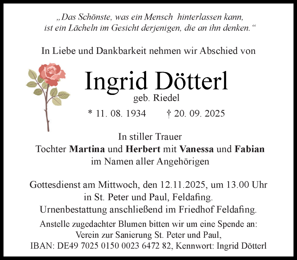  Traueranzeige für Ingrid Dötterl vom 25.10.2025 aus Süddeutsche Zeitung