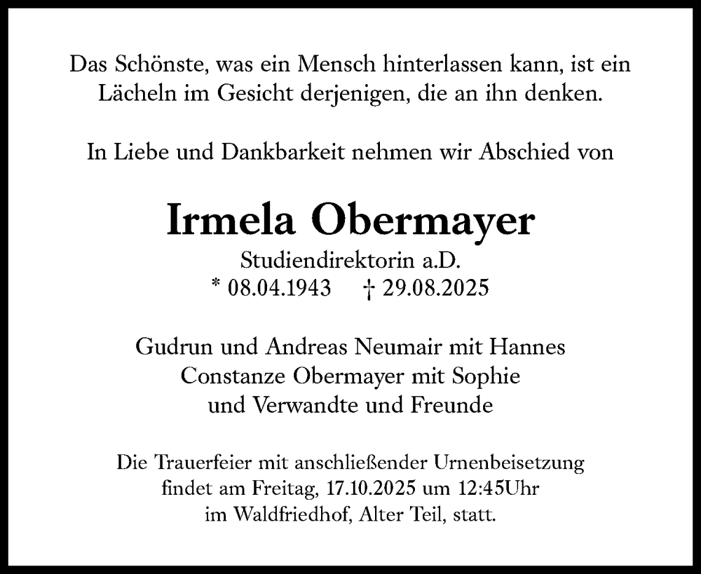  Traueranzeige für Irmela Obermayer vom 04.10.2025 aus Süddeutsche Zeitung