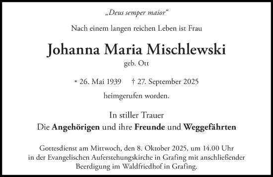 Traueranzeige von Johanna Maria Mischlewski von Süddeutsche Zeitung