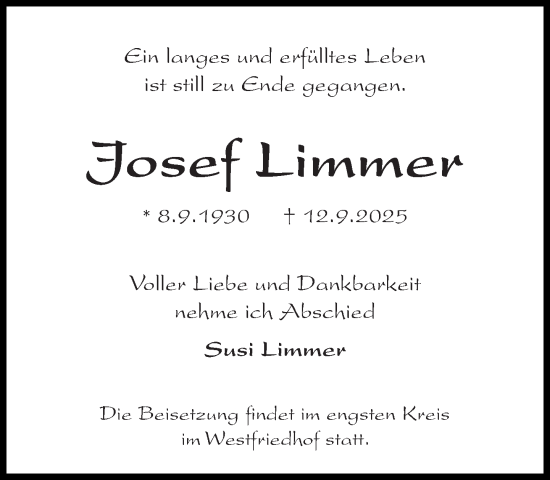 Traueranzeige von Josef Limmer von Süddeutsche Zeitung