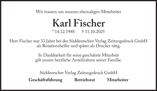 Traueranzeige von Karl Fischer von Süddeutsche Zeitung