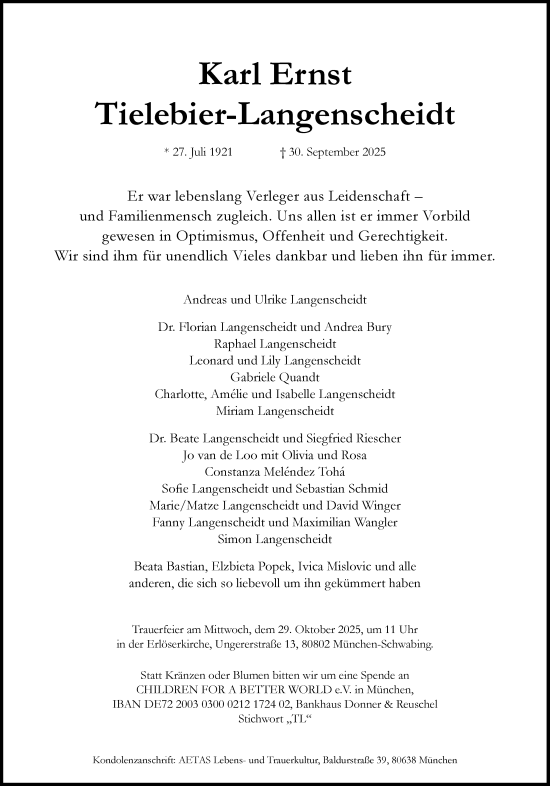 Traueranzeige von Karl Ernst Tielebier-Langenscheidt von Süddeutsche Zeitung