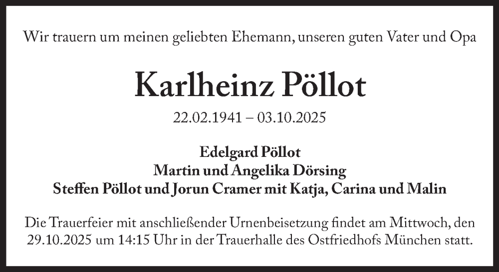  Traueranzeige für Karlheinz Pöllot vom 25.10.2025 aus Süddeutsche Zeitung