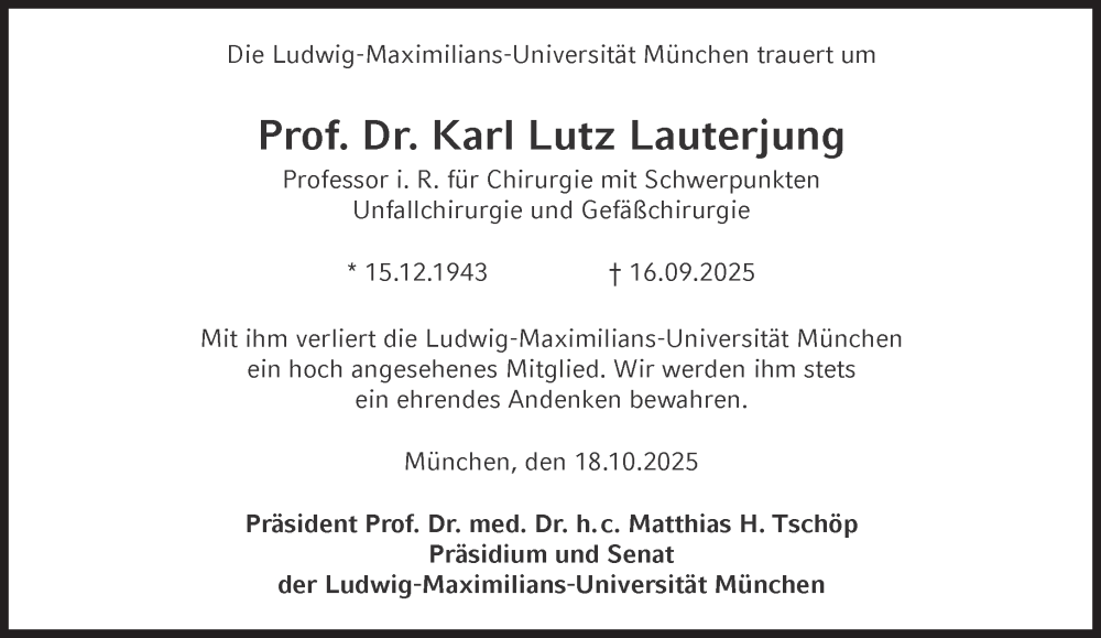  Traueranzeige für Karl Lutz Lauterjung vom 18.10.2025 aus Süddeutsche Zeitung