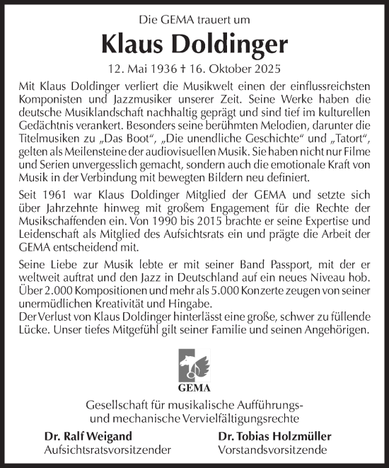 Traueranzeige von Klaus Doldinger von Süddeutsche Zeitung